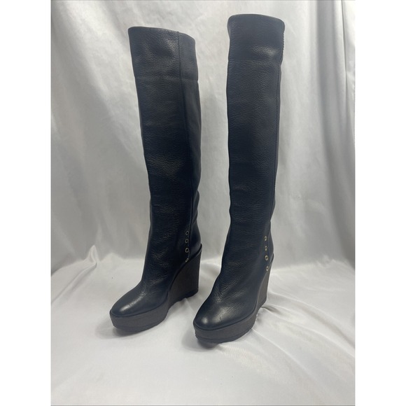 Yves Saint Laurent YSL Leather Knee High Wedge Women's Riding Boots Black Sz 4.5 - Picture 14 of 15